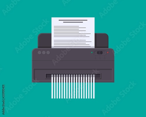 Shredder cutting paper. Modern device for safe destruction confidential documents shredding and processing of classified information concept financial vector data protection.