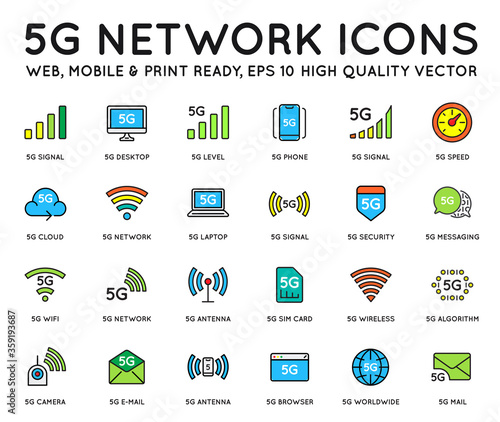 Simple line stroke vector icon set,new 5th generation mobile network 5G, high speed connection wireless systems.