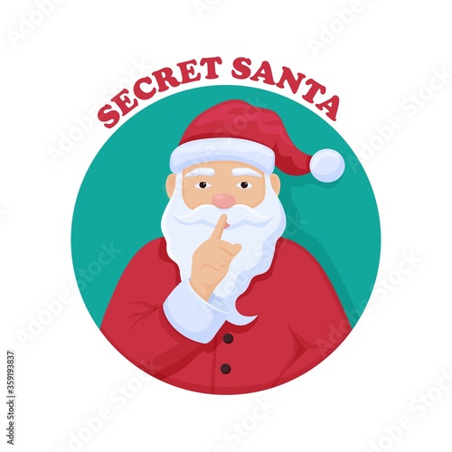 Secret Santa Chris Kindle. Merry Christmas anonymous gift exchange ceremony mysterious Santa red suit hat with white beard asks to keep secret traditional happy vector holidays.