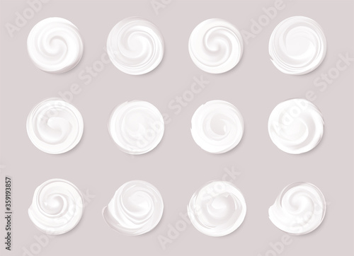 Set of realistic cosmetic cream smears. White creamy drop skincare cream product lotion thick fresh smooth smear isolated vector texture