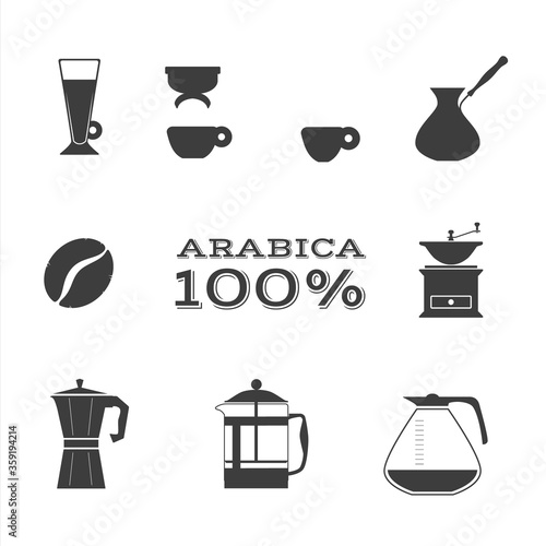 Coffee icon simple flat set. Vector espresso cafe latte coffee cup symbols. Isolated black graphic illustration.