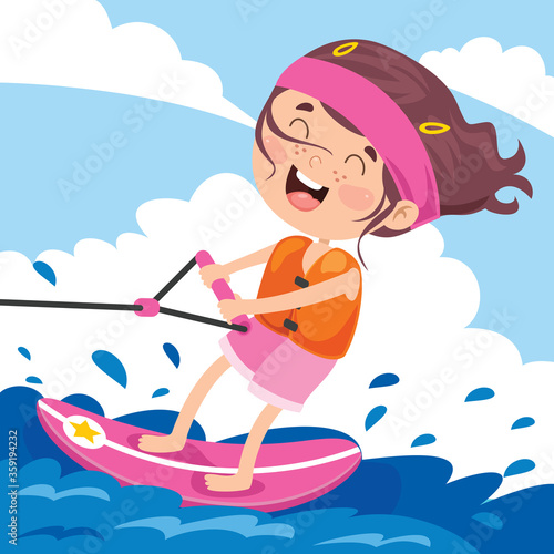 Happy Cartoon Character Surfing At Sea