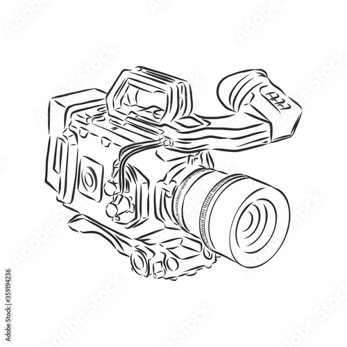 video camethe sketch of a portable video camera on a black backgroundra. video camera, vector sketch illustration