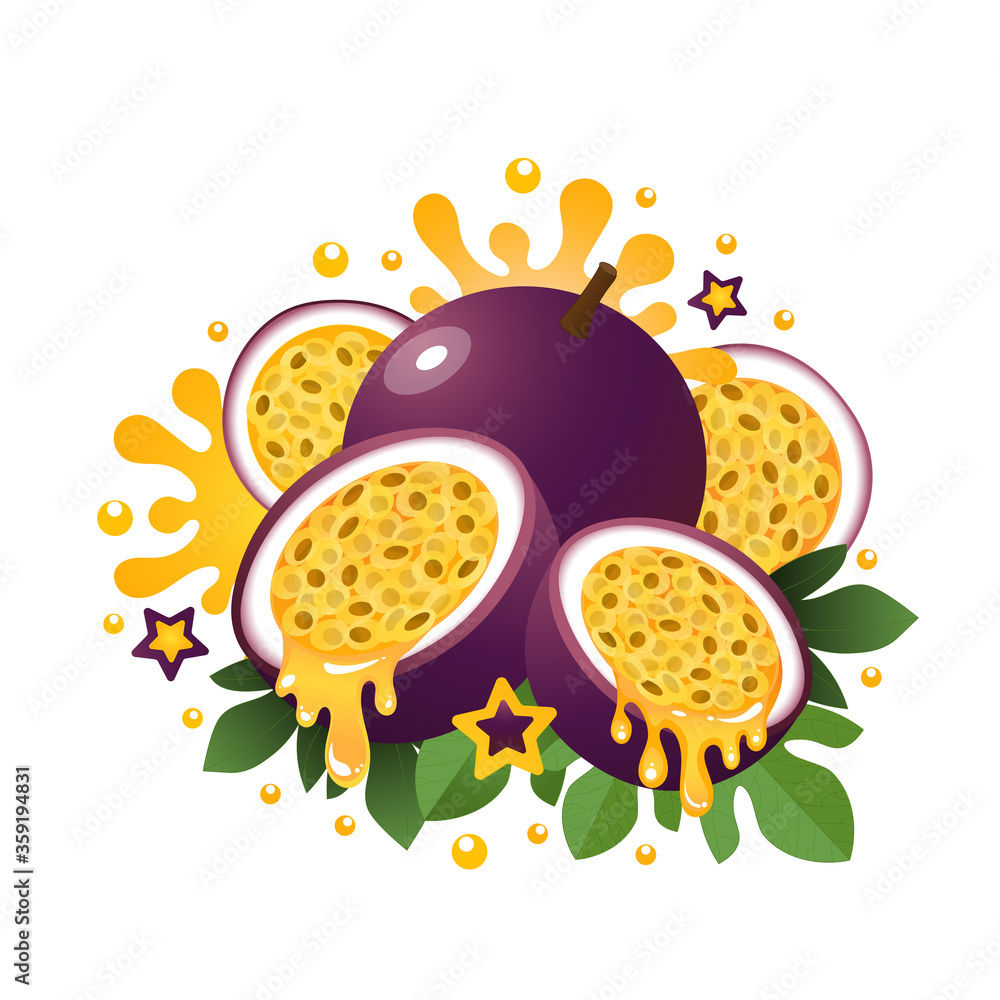 Passion fruit with slices, seeds and green leaves. Fresh exotic fruit. Passion fruit with slices, seeds and green leaves. Fresh exotic fruit.
