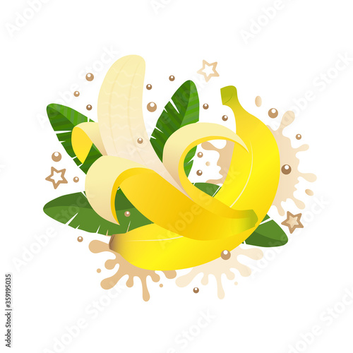 Sweet banana with leaves ans milk cocoa splashes with background banana leaves, tropical fruits