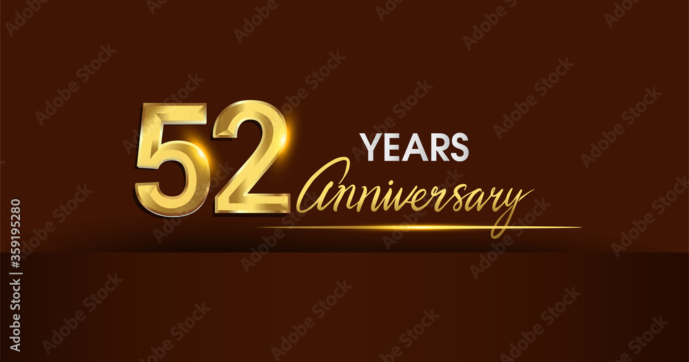 52nd years anniversary celebration logotype. anniversary logo with golden color and gold confetti isolated on dark background, vector design for celebration, invitation card, and greeting card