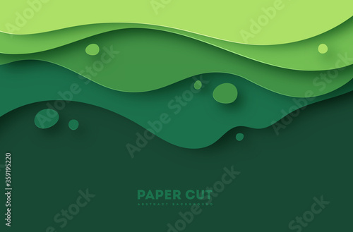 Green abstract paper carve background.Paper art style of nature concept design.Vector illustration