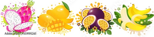 Set of 4 juicy tropical fruits: dragon fruit, yellow mango, passion fruit, banana. Vector bright exotics.