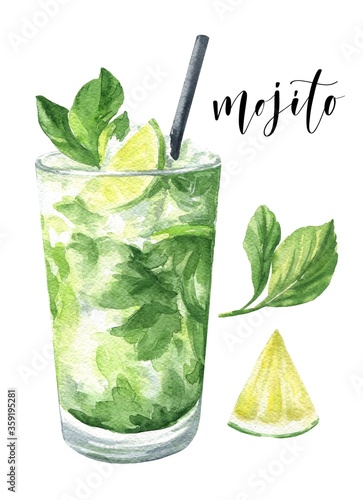 Stampa su tela Watercolor mojito cocktail isolated on white background