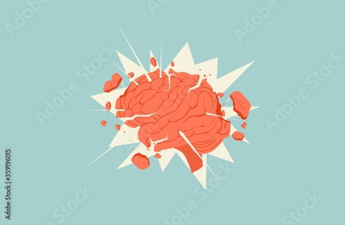 Exploding flying apart parts brain illustration. Concept information overload lack of calm thinking creative ideological explosion brain flat intellectual assault vector psychological destruction.