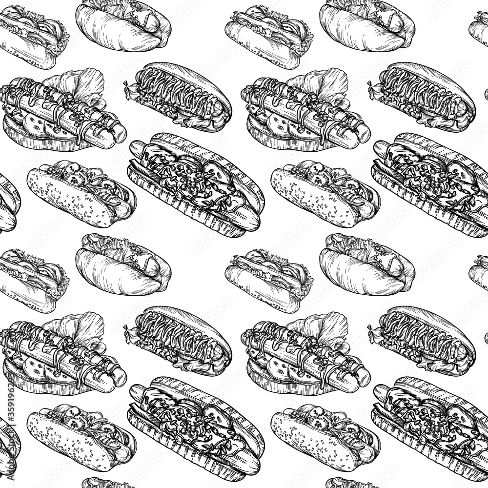 Seamless print of burgers and sandwiches. Print for packaging, fabrics, menus and printing. Seamless print of burgers and sandwiches. Print for packaging, fabrics, menus and printing.