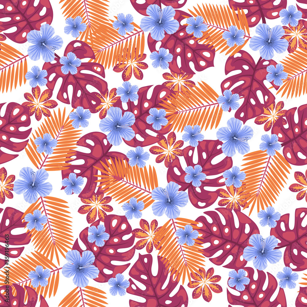 Obraz premium Seamless pattern with a tropical leaves of monstera and areca trees and hibiscus flowers