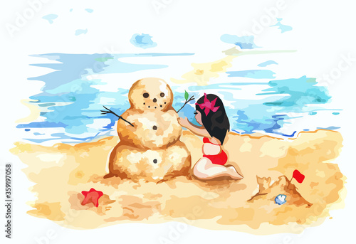 Watercolor summer travel beach sea shore sandman girl vector art illustration