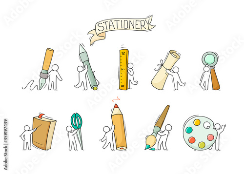 Office supplies set with working little people.