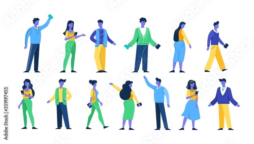 Young people characters set. Perky and cheerful purple guys communicate with girls go on business make an appointment over phone discuss latest web news and various social color vector life.