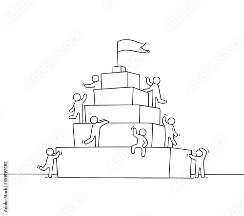 Sketch of working little people with piramide.