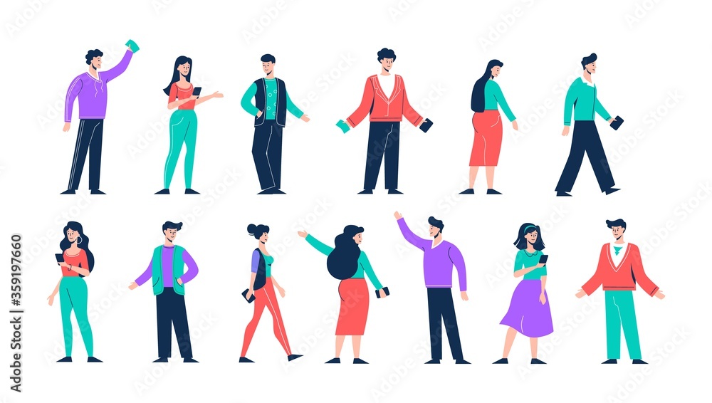 People characters set. Young and cheerful guys communicate with girls make an appointment over phone discuss latest web news and various color social vector life.