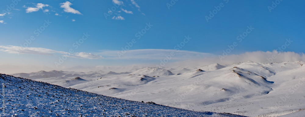Western Mongolia. Highlands near the city of Altai after a night snow storm.