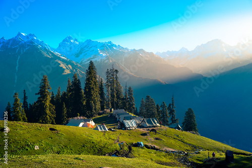 mountain landscape in the himalaya. Top view of camping site in Himalayan mountains, Kasol, Parvati valley, Himachal Pradesh, northern India.
