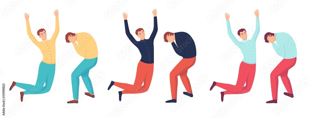 Joy and sorrow male character set. Joyful man jumping from happiness and sad clutching his head despair swings an emotional cartoon mood success failure in business vector affairs.