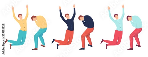 Joy and sorrow male character set. Joyful man jumping from happiness and sad clutching his head despair swings an emotional cartoon mood success failure in business vector affairs.