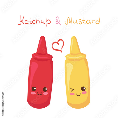 Hand drawn vector illustration with cute smiling Ketchup & Mustard characters. Kawaii food design concept. Kids menu, post card decoration. Cartoon funny & happy mascot isolated on white background.