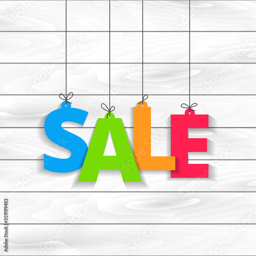 Sale hanging on the thread colored letters tag banner on wooden white background. Web banner or poster for e-commerce, on-line cosmetics shop, fashion beauty shop, store. Vector illustration