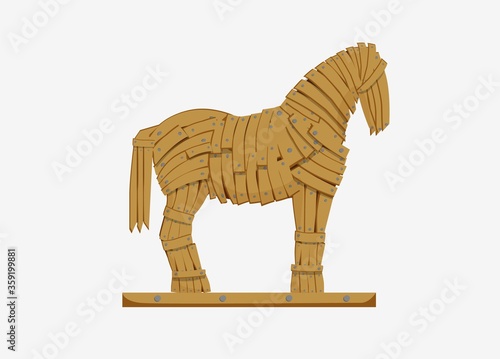 Trojan horse illustration. Mythicaln statue horse military deception Greek troops monument to historical trick war imperceptible penetration infliction of tangible vector damage.