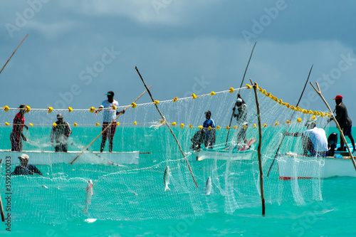 Net fishing in Rodrigues island. Opening of the fishing season on the first of March 2017