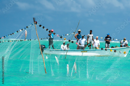 Net fishing in Rodrigues island. Opening of the fishing season on the first of March 2017
