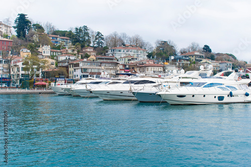 Turkey , Istanbul - July 2019 "yeniköy pier"   luxury yachts parked. Yacht parking in harbor