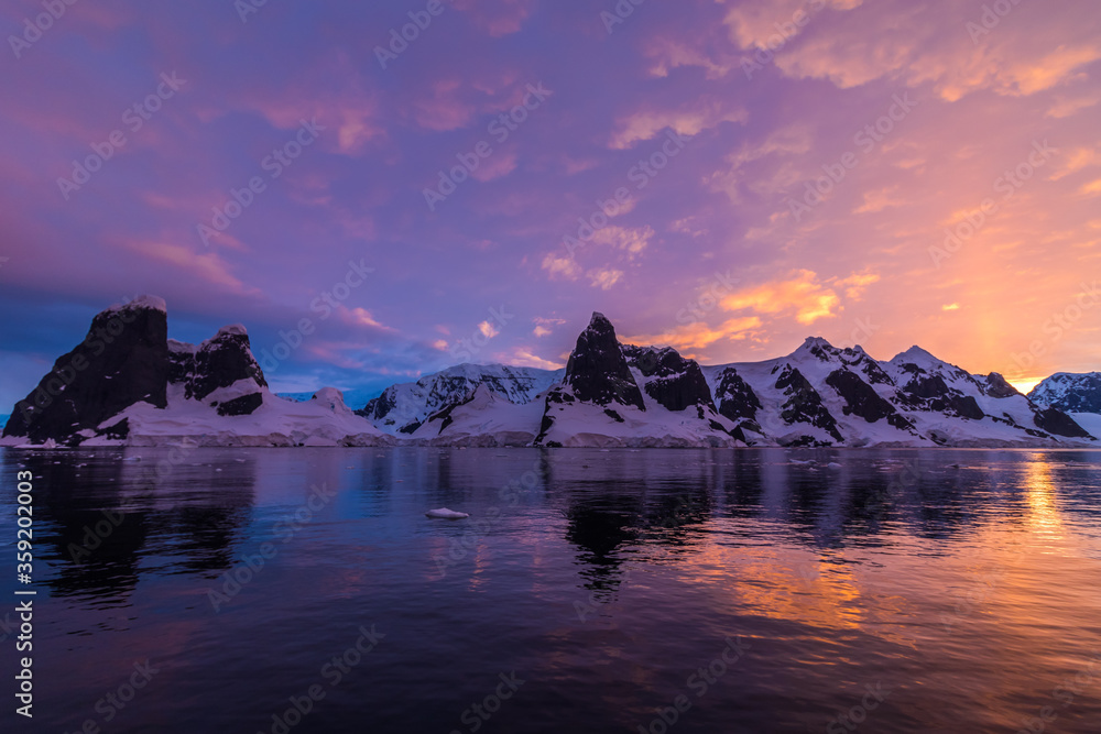 Amazing sunset at the Lemire Channel in Antarctica