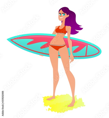 Girl with a surfboard. Cartoon style illustration. © DimaDoma