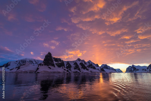 Beautiful sunset at the Lemaire Channel in Antarctica