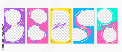 Versus challenge to insta stories competition template. Illustration confrontation between two strong bloggers in colored design VS colorful symbol duel sports fighting to win final vector round.