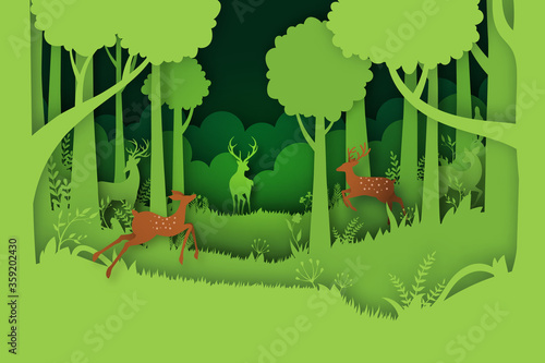 Green jungle forest nature landscape background paper art style