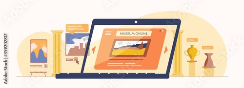 Online museum illustration. Web application digital antique exhibition viewing cultural historical exposition without leaving home mobile tour interactive vector gallery.