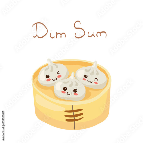 Kawaii Dim Sum dish vector characters isolated on white background. Funny smiling & happy stuffed asian dumplings. Cute yummy food mascot illustration. Kids menu concept for food hall, post card.