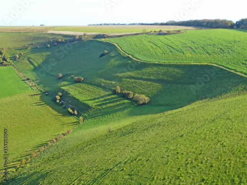 Aerial view of the hills at Monks Down in Wiltshire 
