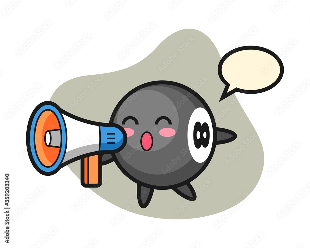 Naklejka premium Eight ball billiard cartoon holding a megaphone