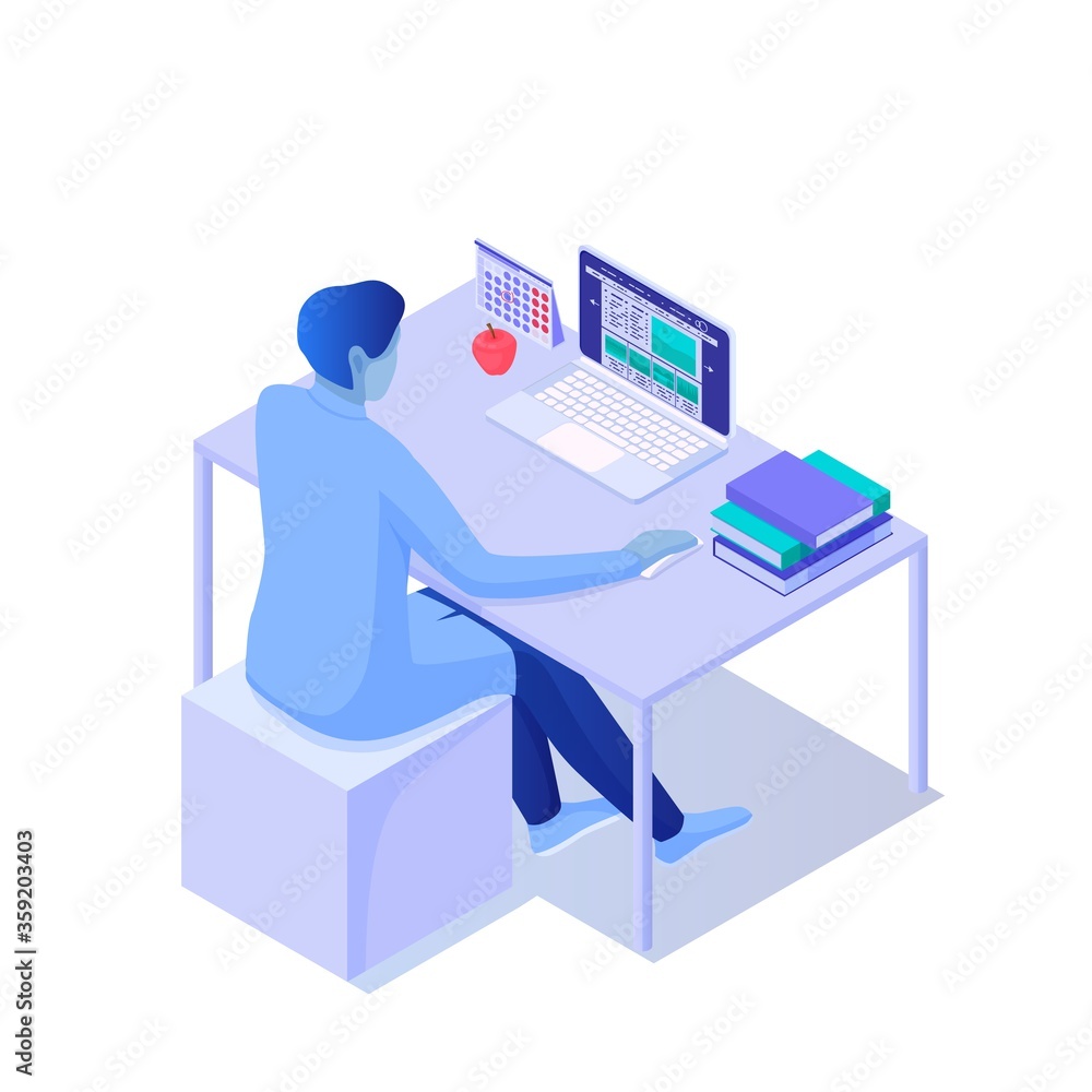 Man sitting at desktop with laptop isometric illustration. Character using behind open device next to stack of books desk calendar marked deadline, delivery finished vector project. Man sitting at desktop with laptop isometric illustration. Character using behind open device next to stack of books desk calendar marked deadline, delivery finished vector project.