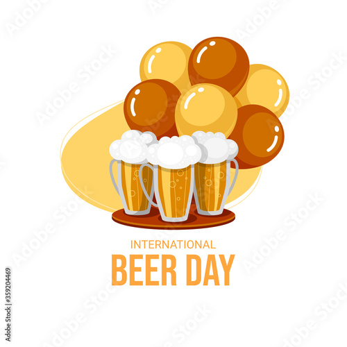 International beer day card with mugs and balloons. Vector cartoon illustration