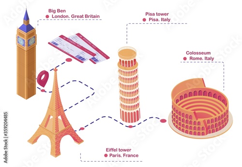 Trip route sights Europe isometric illustration. Planned travel map London Big Ben first stopping point Paris Eiffel Tower Italy Pisa leaning tower leaning vector and Rome Colosseum.