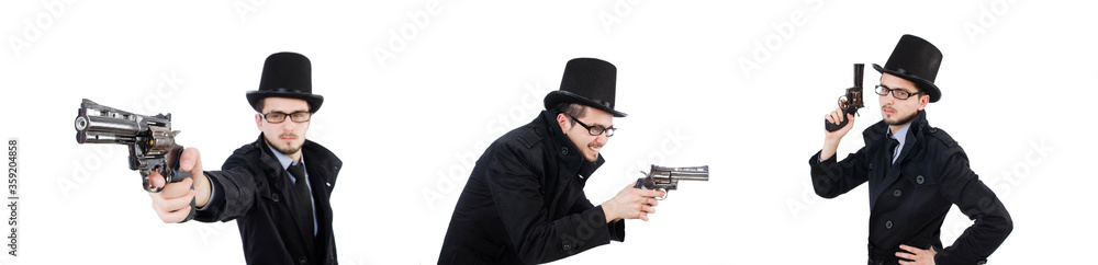 Young detective in black coat holding handgun isolated on white Young detective in black coat holding handgun isolated on white