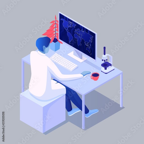 Scientist at computer isometry. Scientific character behind pc observes world statistics coronovirus next to modern microscope cup coffee experimental biological vector laboratory for vaccines.