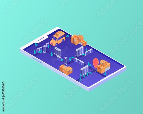 Delivery route in smartphone isometric concept. Mobile navigation logistics order routes using smart application, gps parcel tracking technology shipment warehouse vector delivery route address.
