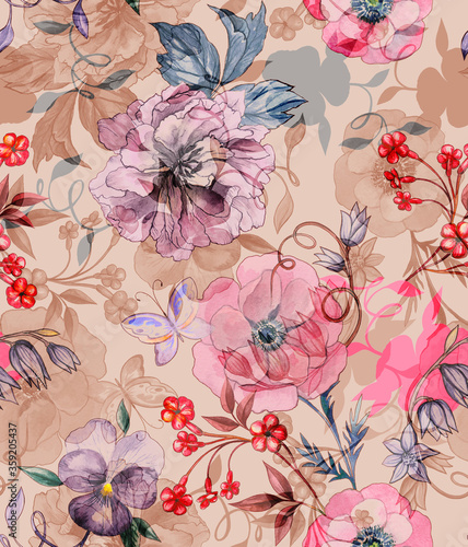 Watercolor bright floral pattern with violets, pink flowers daisies, lilies and butterfly on beige background.
