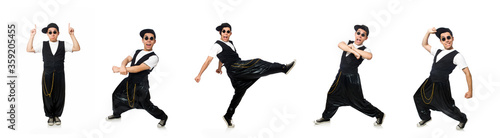 Funny young man dancing isolated on white