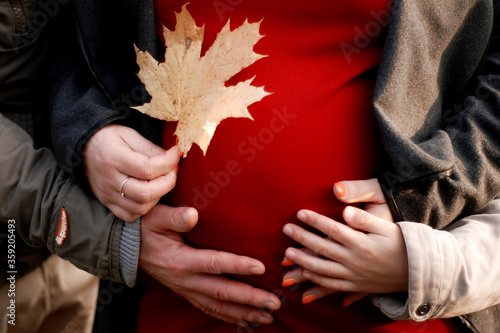 pregnant woman's belly in a red dress with a yellow leaf
