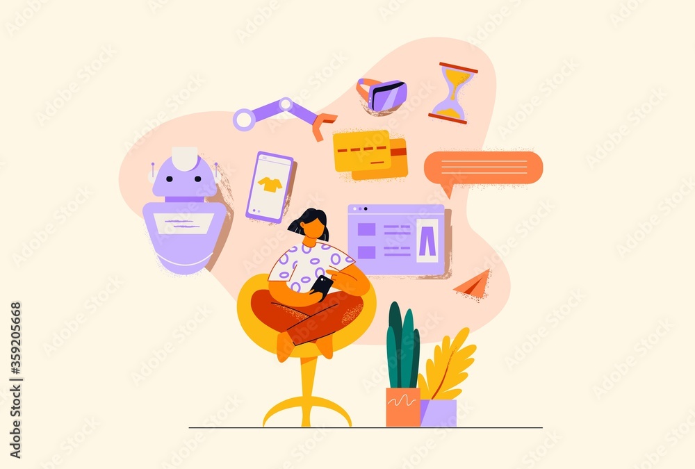 Fototapeta premium Online shopping internet of things. Online orders on web applications stores without leaving home receive goods discounts ecommerce retail sale flat things with delivery vector consumer.